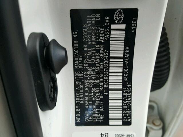 4T1BK36B27U236452 - 2007 TOYOTA AVALON XL Ақ фото 10