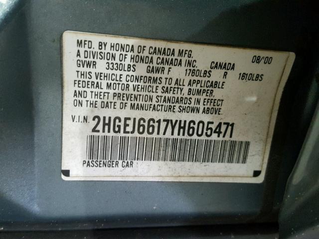 2HGEJ6617YH605471 - 2000 HONDA CIVIC BASE Yaşıl foto 10