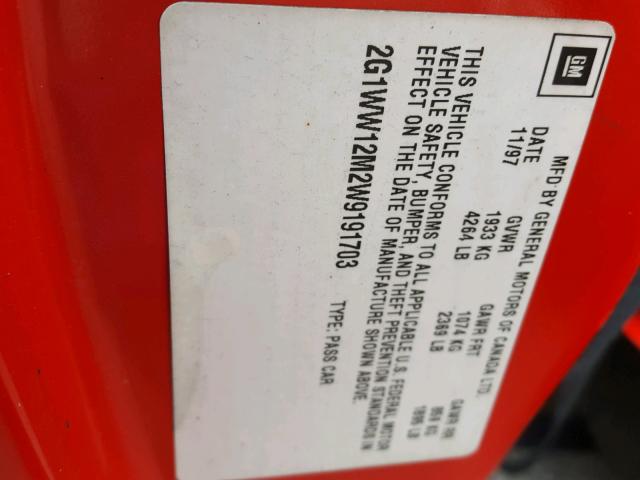 2G1WW12M2W9191703 - 1998 CHEVROLET MONTE CARL 红色 照片 10