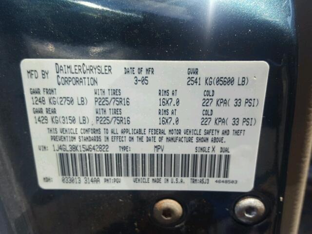 1J4GL38K15W642822 - 2005 JEEP LIBERTY RE BLUE photo 10