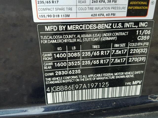 4JGBB86E97A197125 - 2007 MERCEDES-BENZ ML BLUE photo 10