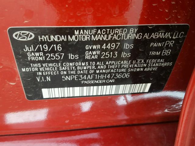 5NPE34AF1HH473606 - 2017 HYUNDAI SONATA SPO RED photo 10