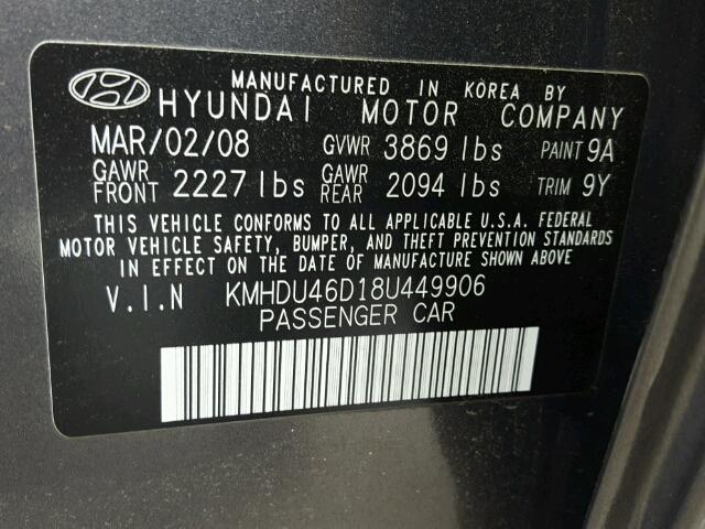 KMHDU46D18U449906 - 2008 HYUNDAI ELANTRA GL GRAY photo 10