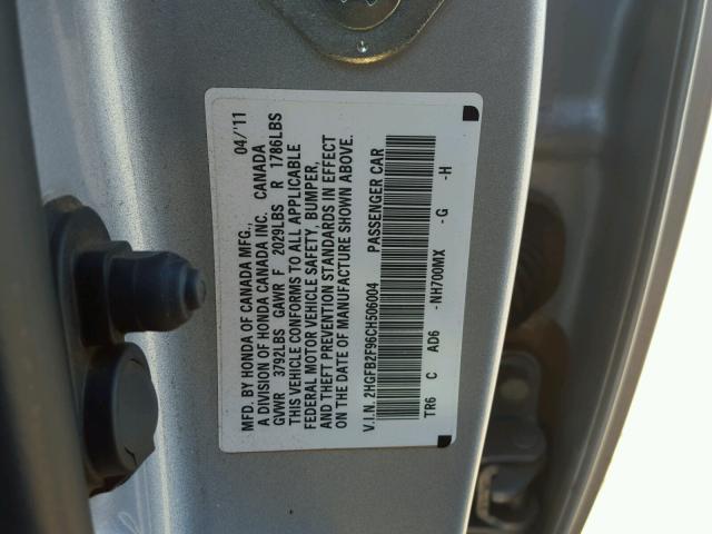 2HGFB2F96CH506004 - 2012 HONDA CIVIC EXL SILVER photo 10