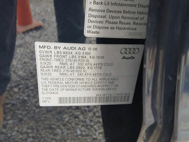 WA1BY74L77D057940 - 2007 AUDI Q7 3.6 QUA CHARCOAL photo 10