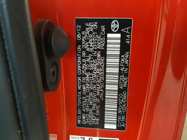 JTKJF5C72D3054390 - 2013 TOYOTA SCION TC 红色 照片 10