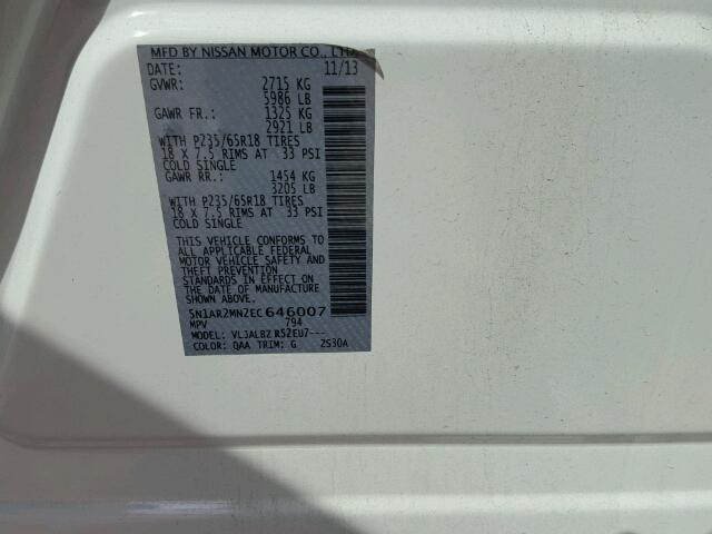 5N1AR2MN2EC646007 - 2014 NISSAN PATHFINDER WHITE photo 10