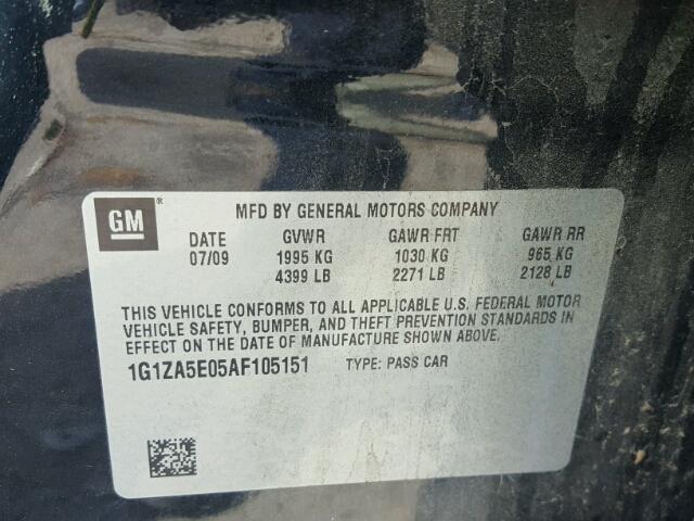 1G1ZA5E05AF105151 - 2010 CHEVROLET MALIBU LS BLACK photo 10