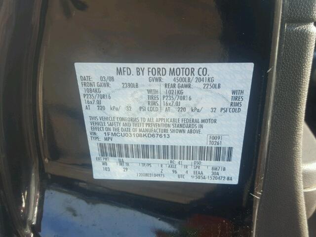 1FMCU03108KD67613 - 2008 FORD ESCAPE XLT BLACK photo 10