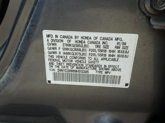 2HNYD28669H513395 - 2009 ACURA MDX GRAY photo 10