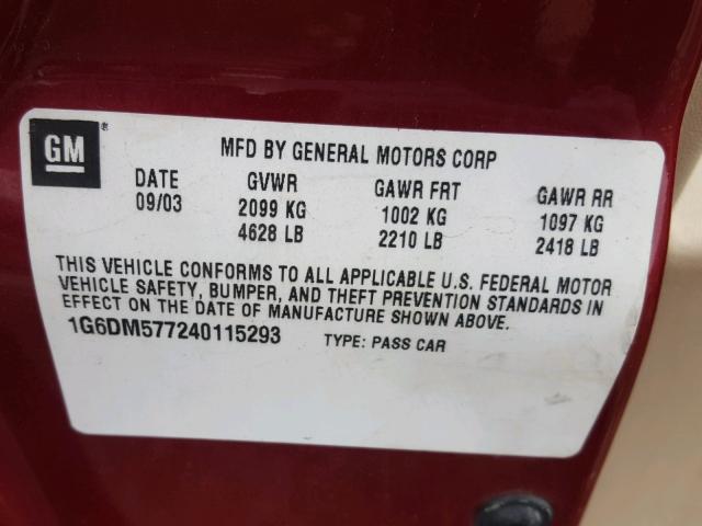 1G6DM577240115293 - 2004 CADILLAC CTS RED photo 10