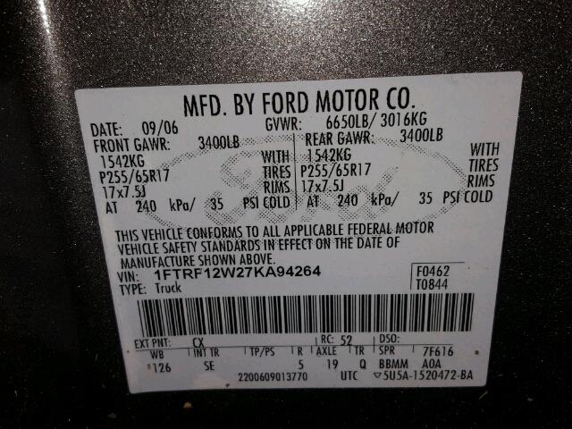 1FTRF12W27KA94264 - 2007 FORD F150 SILVER photo 10