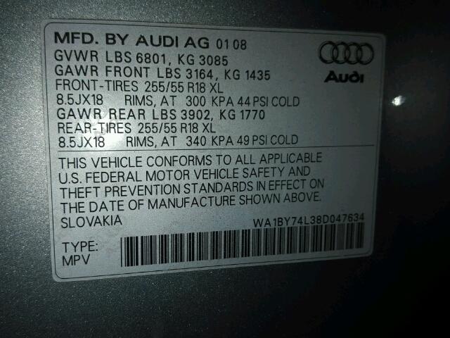 WA1BY74L38D047634 - 2008 AUDI Q7 3.6 QUA GRAY photo 10