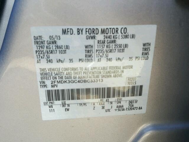 2FMDK3GC4DBC33313 - 2013 FORD EDGE SILVER photo 10