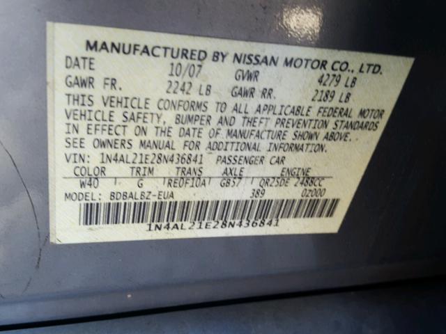 1N4AL21E28N436841 - 2008 NISSAN ALTIMA 2.5 BLUE photo 10