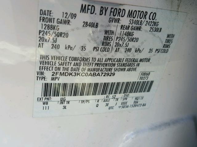 2FMDK3KC0ABA72929 - 2010 FORD EDGE CREAM photo 10