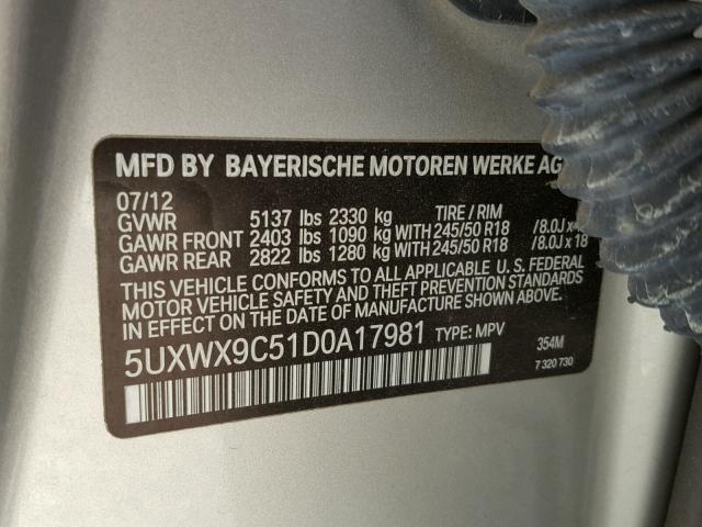 5UXWX9C51D0A17981 - 2013 BMW X3 XDRIVE2 SILVER photo 10