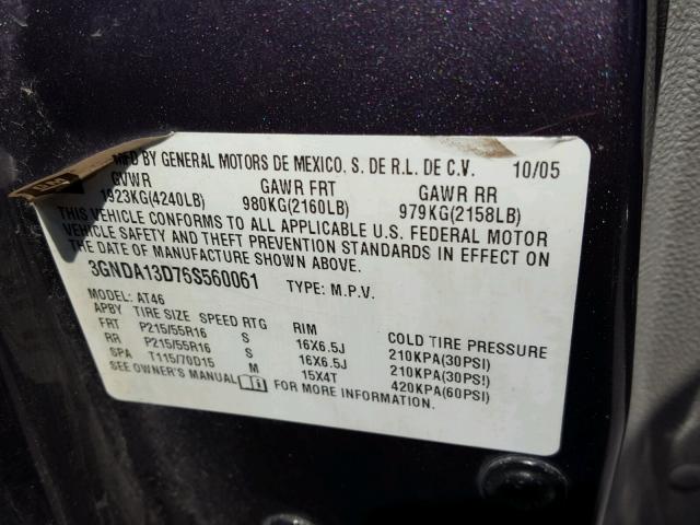 3GNDA13D76S560061 - 2006 CHEVROLET HHR LS PURPLE photo 10