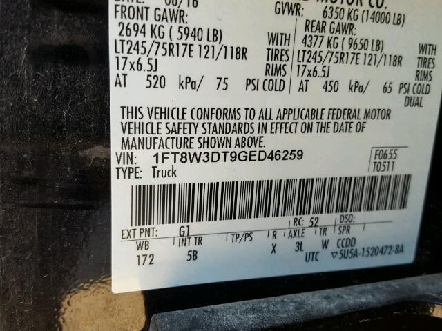 1FT8W3DT9GED46259 - 2016 FORD F350 BLACK photo 10