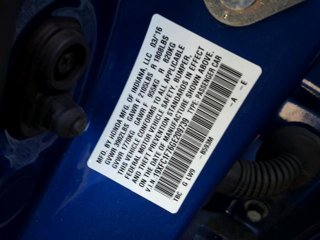 19XFC1F76GE209739 - 2016 HONDA CIVIC EXL 蓝色 照片 10