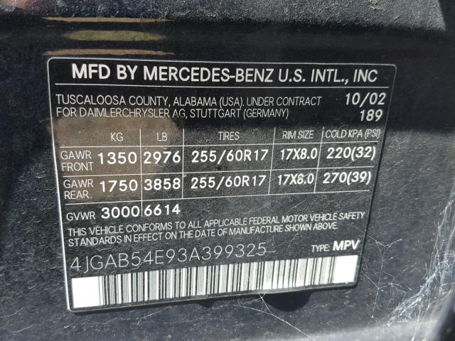 4JGAB54E93A399325 - 2003 MERCEDES-BENZ ML 320 BLUE photo 10