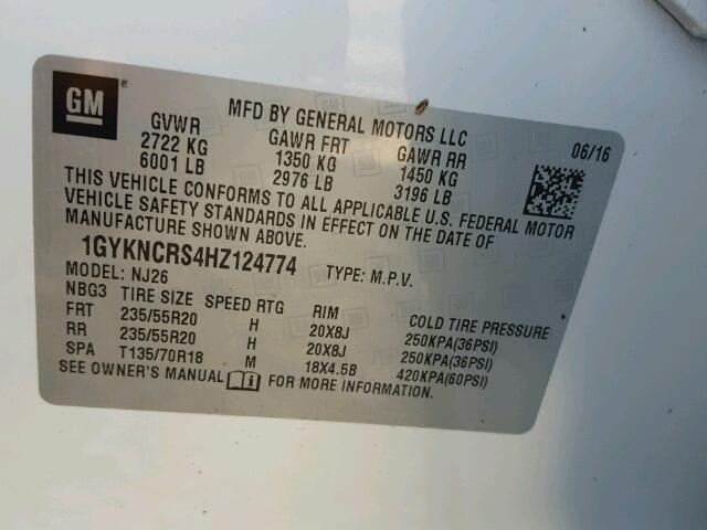 1GYKNCRS4HZ124774 - 2017 CADILLAC XT5 PREMIU WHITE photo 10