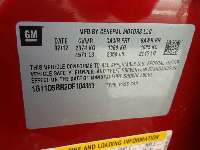 1G11D5RR2DF104363 - 2013 CHEVROLET MALIBU 1LT 红色 照片 10