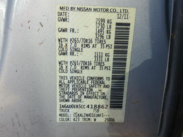 1N6AD0ER5CC418862 - 2012 NISSAN FRONTIER SILVER photo 10