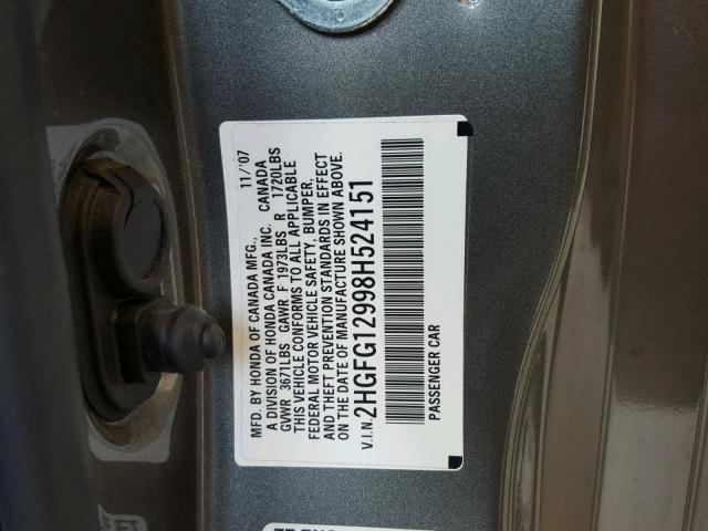 2HGFG12998H524151 - 2008 HONDA CIVIC EXL Qəhvəyi foto 10