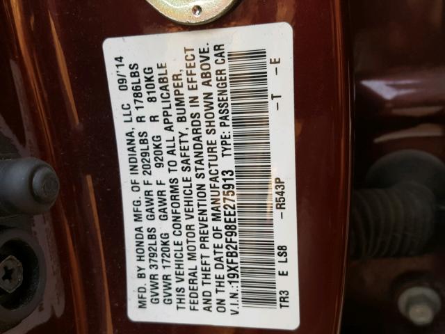 19XFB2F98EE275913 - 2014 HONDA CIVIC EXL 勃艮第红 照片 10