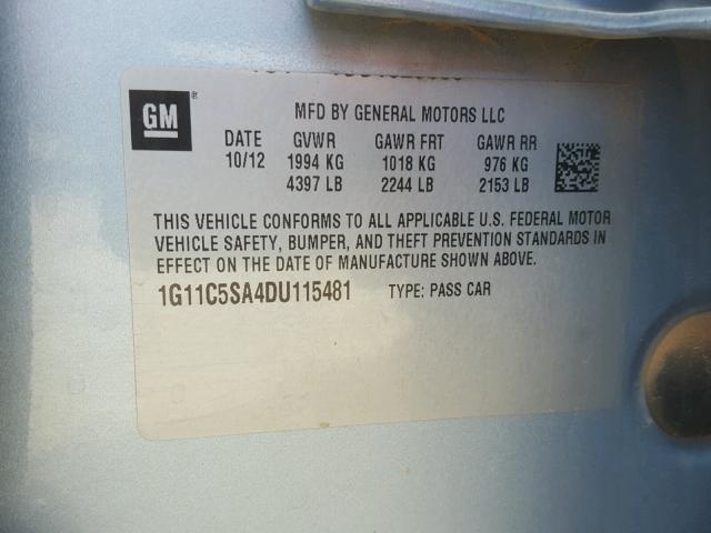 1G11C5SA4DU115481 - 2013 CHEVROLET MALIBU 1LT ლურჯი ფოტო 10