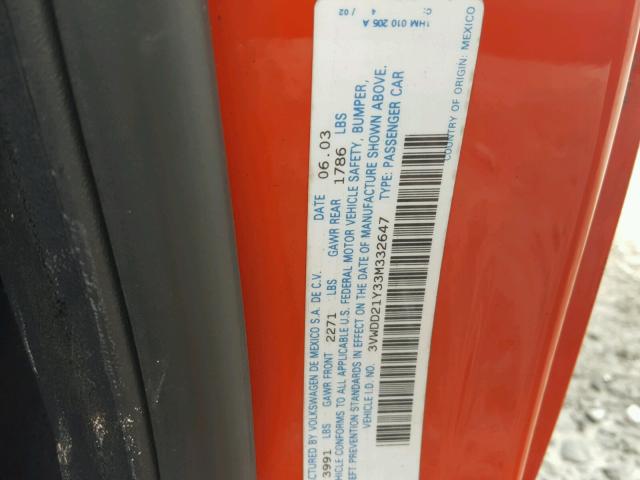 3VWDD21Y33M332647 - 2003 VOLKSWAGEN NEW BEETLE 橙色 照片 10