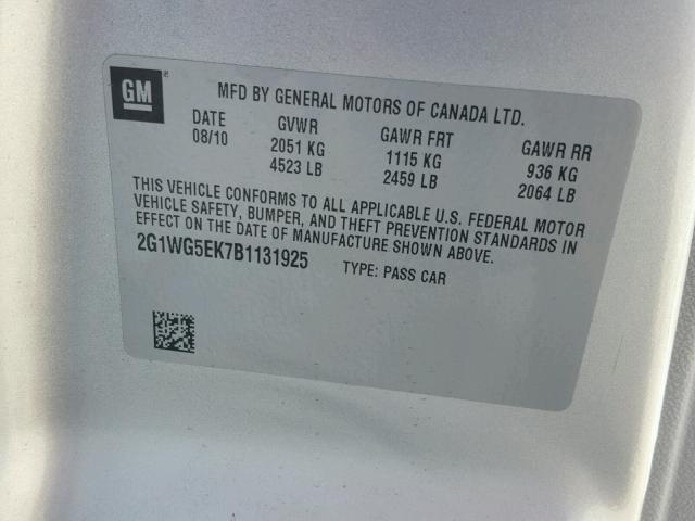 2G1WG5EK7B1131925 - 2011 CHEVROLET IMPALA LT Сріблястий фото 10