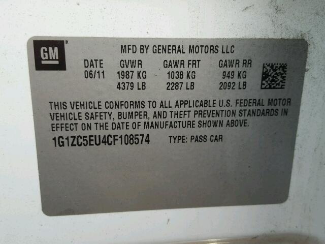 1G1ZC5EU4CF108574 - 2012 CHEVROLET MALIBU 1LT 白色 照片 10