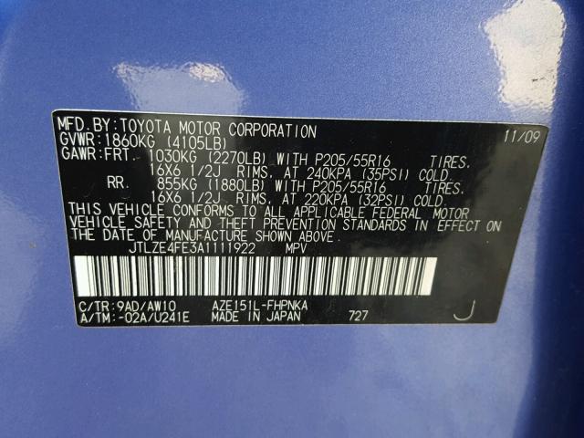 JTLZE4FE3A1111922 - 2010 TOYOTA SCION XB Blau Foto 10