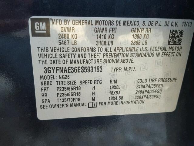 3GYFNAE36ES593183 - 2014 CADILLAC SRX BLUE photo 10