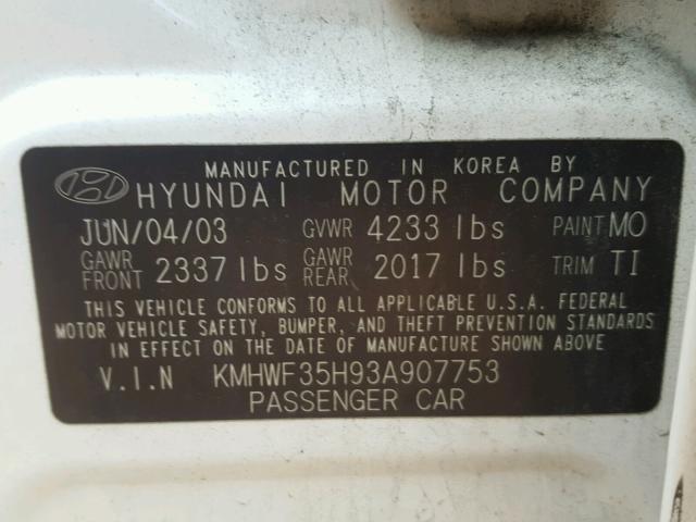 KMHWF35H93A907753 - 2003 HYUNDAI SONATA GLS WHITE photo 10