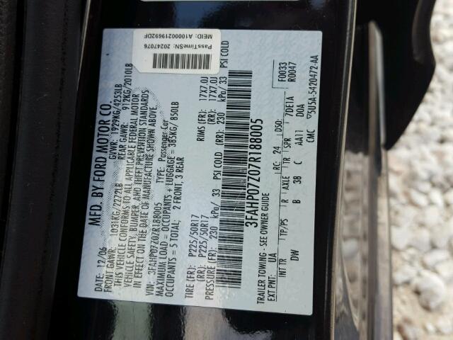 3FAHP07Z07R188005 - 2007 FORD FUSION BLACK photo 10