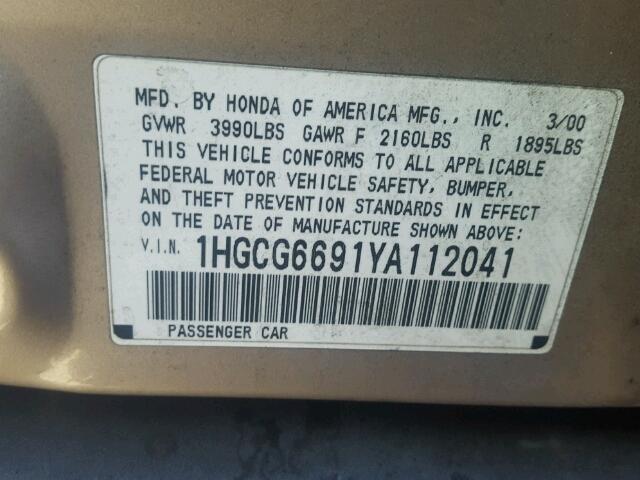 1HGCG6691YA112041 - 2000 HONDA ACCORD SE GOLD photo 10