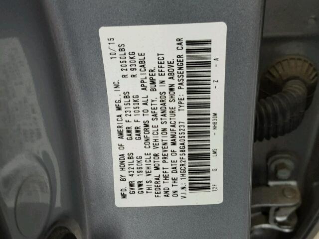 1HGCR2F58GA055237 - 2016 HONDA ACCORD SPO SILVER photo 10