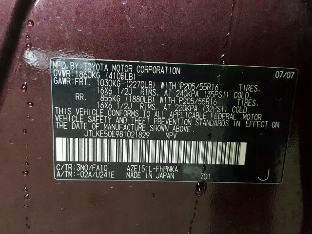 JTLKE50E981021829 - 2008 TOYOTA SCION XB Lila Foto 10