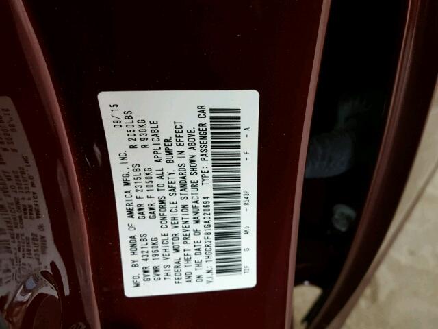 1HGCR2F81GA020694 - 2016 HONDA ACCORD EXL RED photo 10