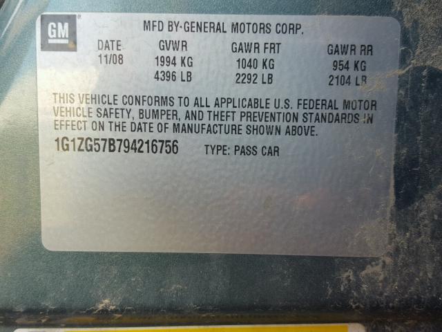 1G1ZG57B794216756 - 2009 CHEVROLET MALIBU LS Mavi foto 10