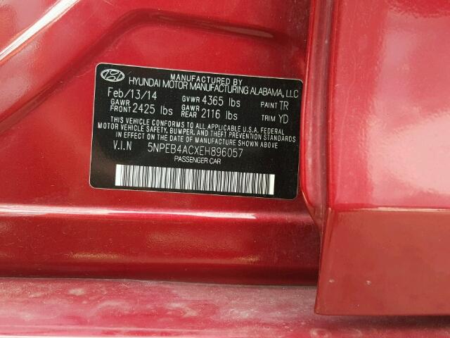 5NPEB4ACXEH896057 - 2014 HYUNDAI SONATA GLS RED photo 10