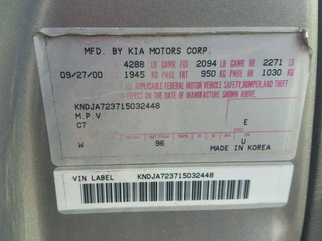 KNDJA723715032448 - 2001 KIA SPORTAGE SILVER photo 10