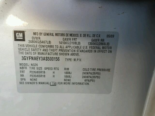 3GYFNAEY3AS500156 - 2010 CADILLAC SRX SILVER photo 10