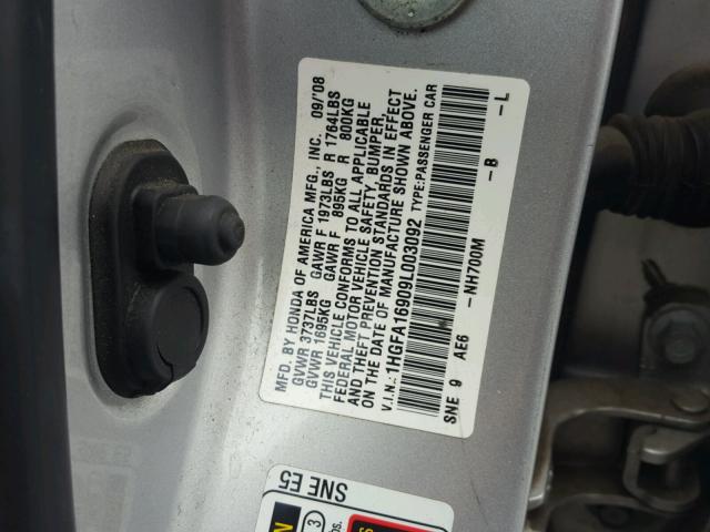 1HGFA16909L003092 - 2009 HONDA CIVIC EXL 银色 照片 10