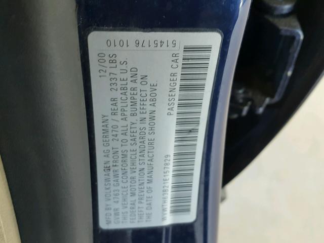 WVWTH63B21E157829 - 2001 VOLKSWAGEN PASSAT GLX BLUE photo 10