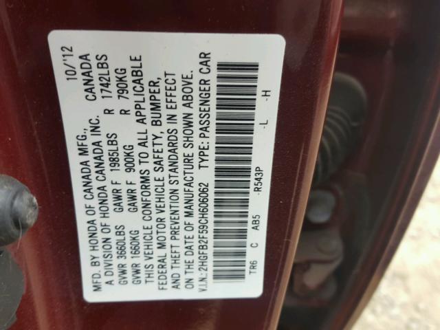 2HGFB2F59CH606062 - 2012 HONDA CIVIC MAROON photo 16