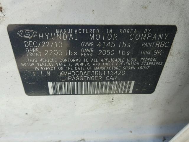 KMHDC8AE3BU113420 - 2011 HYUNDAI ELANTRA TO WHITE photo 10